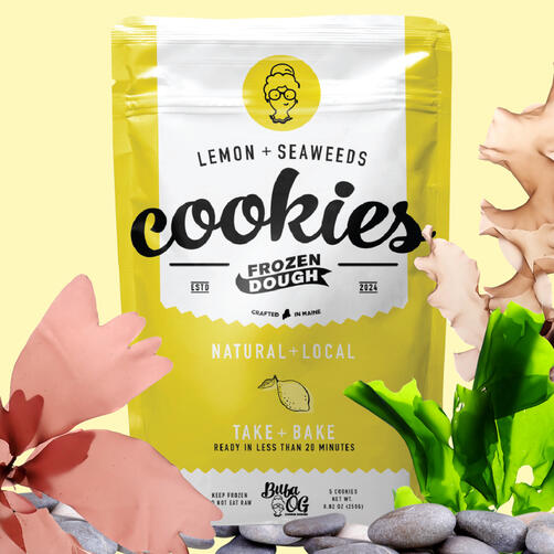 Our lemon butter cookie with seaweeds. Image of cookie package.